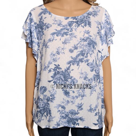 Cupcakes & Cashmere Blue Floral Flutter Sleeve Blouse Cottagecore Top Size M - Picture 3 of 11